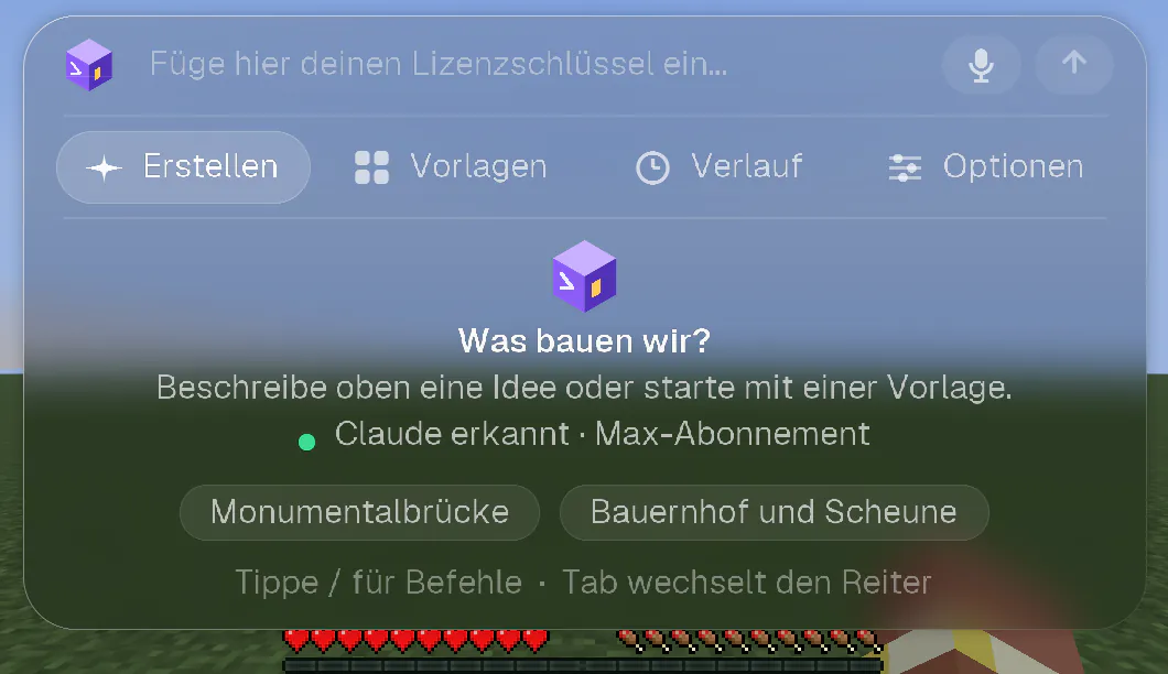 Der Willkommensbildschirm mit der Zeile „Claude erkannt · Max-Abonnement“ und drei Ideen für den Start.