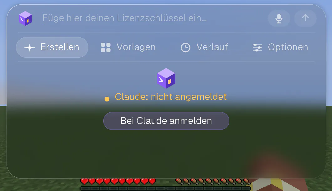 Der Willkommensbildschirm von CRAFT AI in Minecraft: die Zeile „Claude: nicht angemeldet“ und ein Knopf „Bei Claude anmelden“.