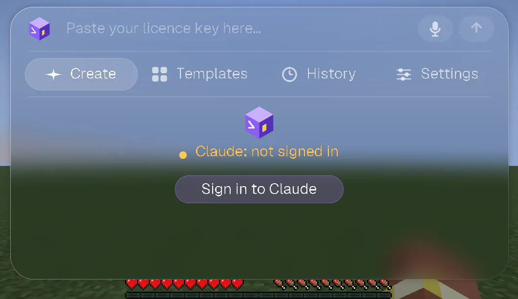 The CRAFT AI welcome screen in Minecraft: the line “Claude: not signed in” and a Sign in to Claude button.