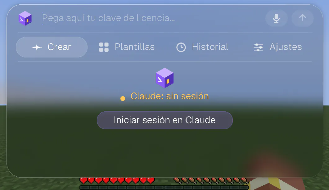 La pantalla de bienvenida de CRAFT AI en Minecraft: la línea «Claude: sin sesión» y un botón Iniciar sesión en Claude.
