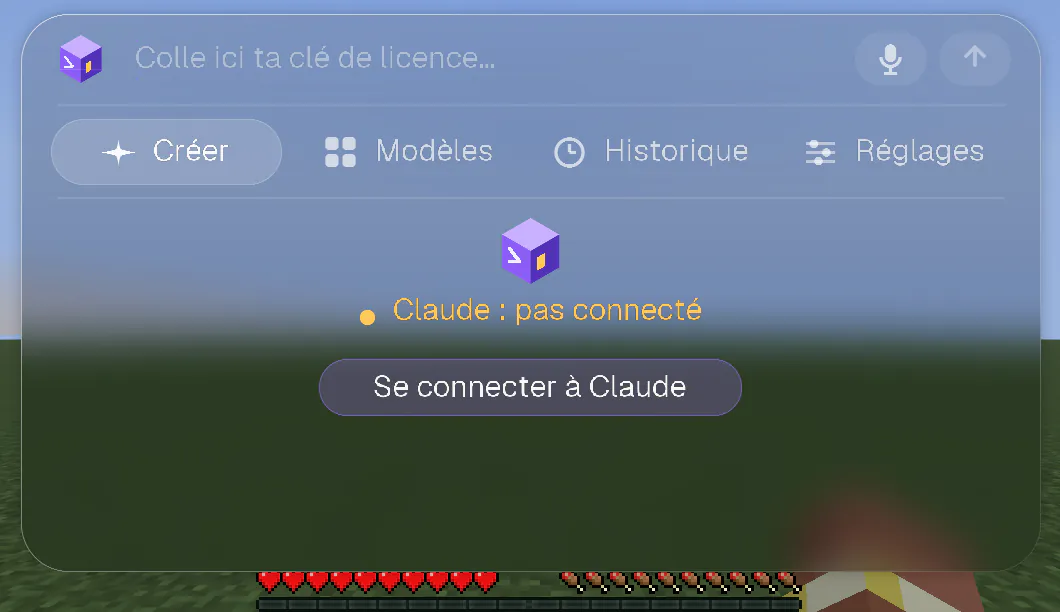 L’écran d’accueil de CRAFT AI dans Minecraft : la ligne « Claude : pas connecté » et un bouton Se connecter à Claude.
