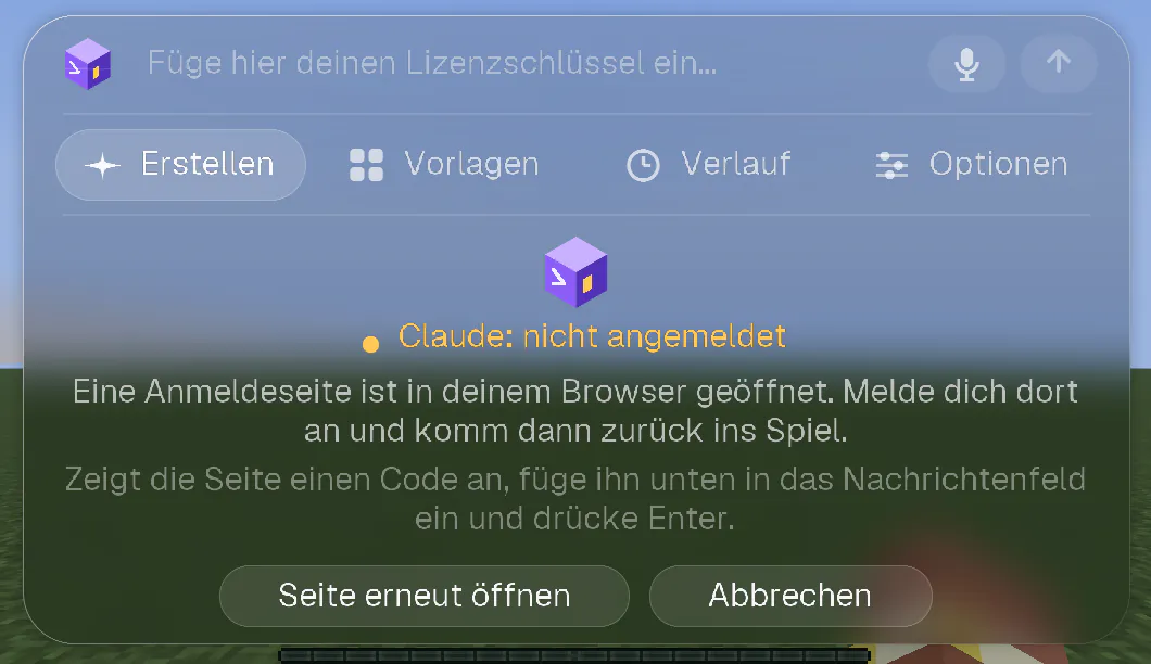 Der Willkommensbildschirm, während die Anmeldeseite im Browser geöffnet ist, mit den Knöpfen „Seite erneut öffnen“ und „Abbrechen“.