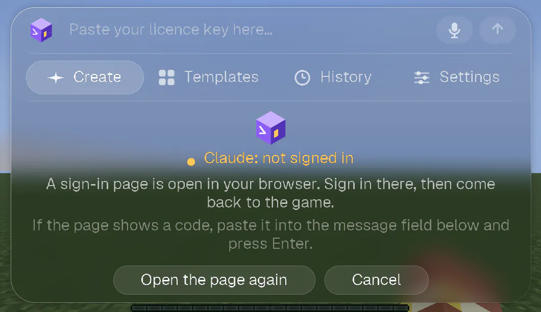 The welcome screen while the sign-in page is open in the browser, with the buttons Open the page again and Cancel.