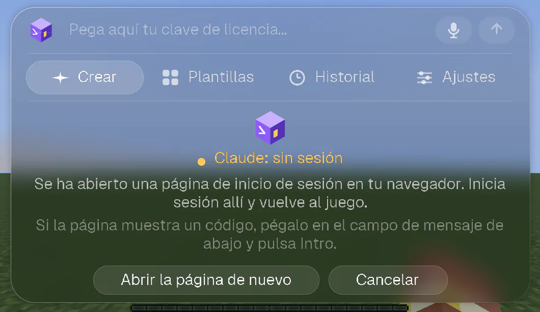 La pantalla de bienvenida mientras la página de inicio de sesión está abierta en el navegador, con los botones Abrir la página de nuevo y Cancelar.
