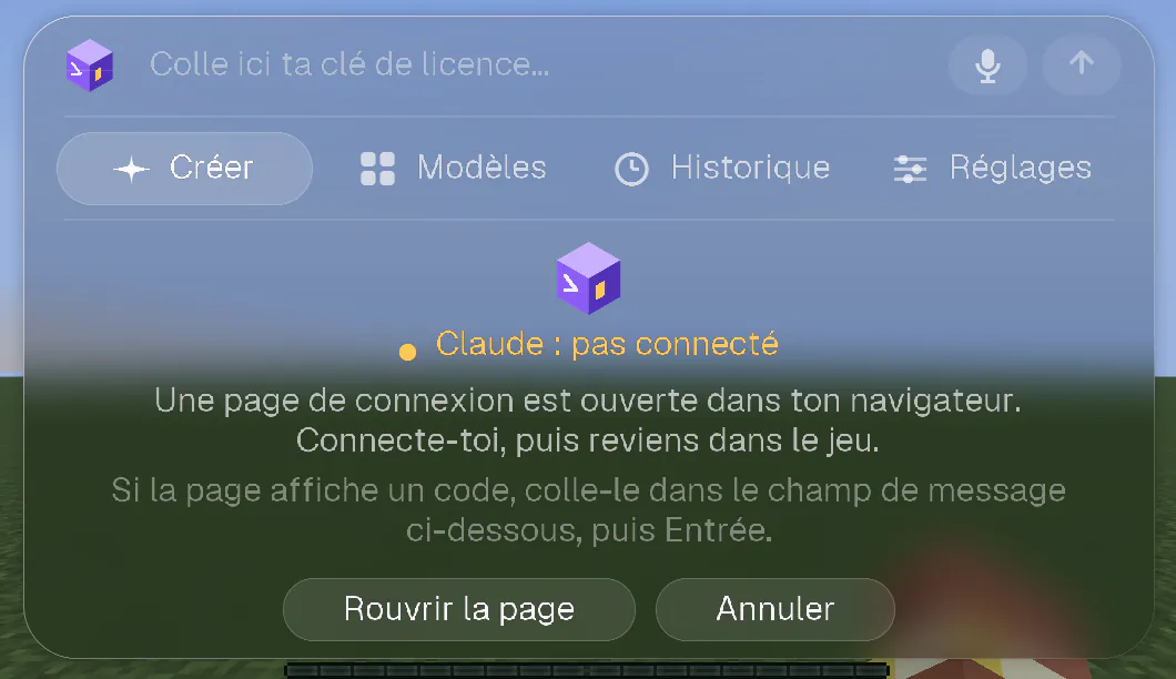 L’écran d’accueil pendant que la page de connexion est ouverte dans le navigateur, avec les boutons Rouvrir la page et Annuler.