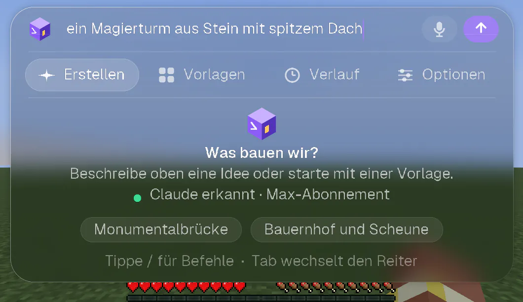 Das Panel von CRAFT AI mit einer Anfrage im Feld oben und leuchtendem Sendepfeil.