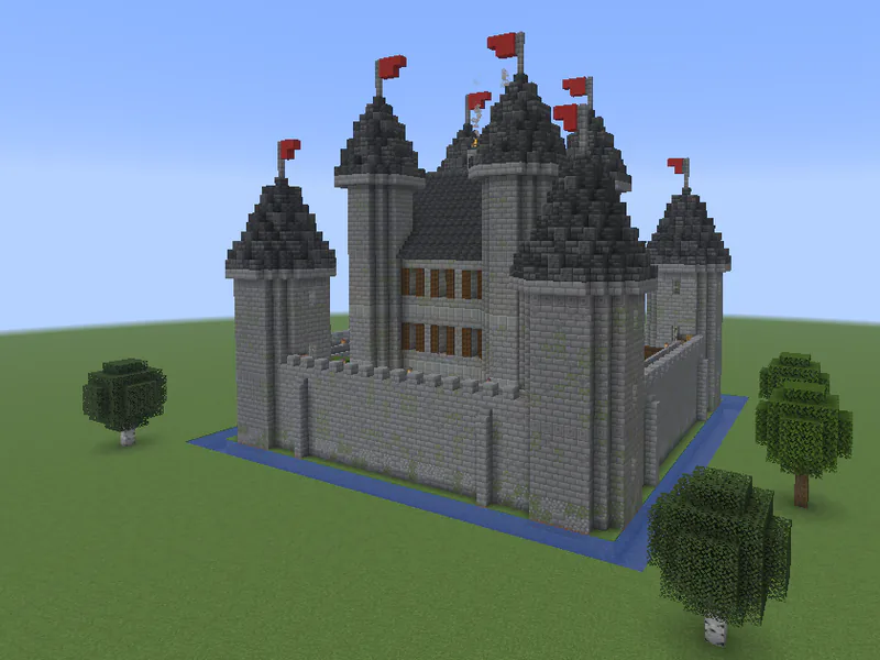 Un castillo de piedra con foso construido por CRAFT AI a partir de una sola frase.